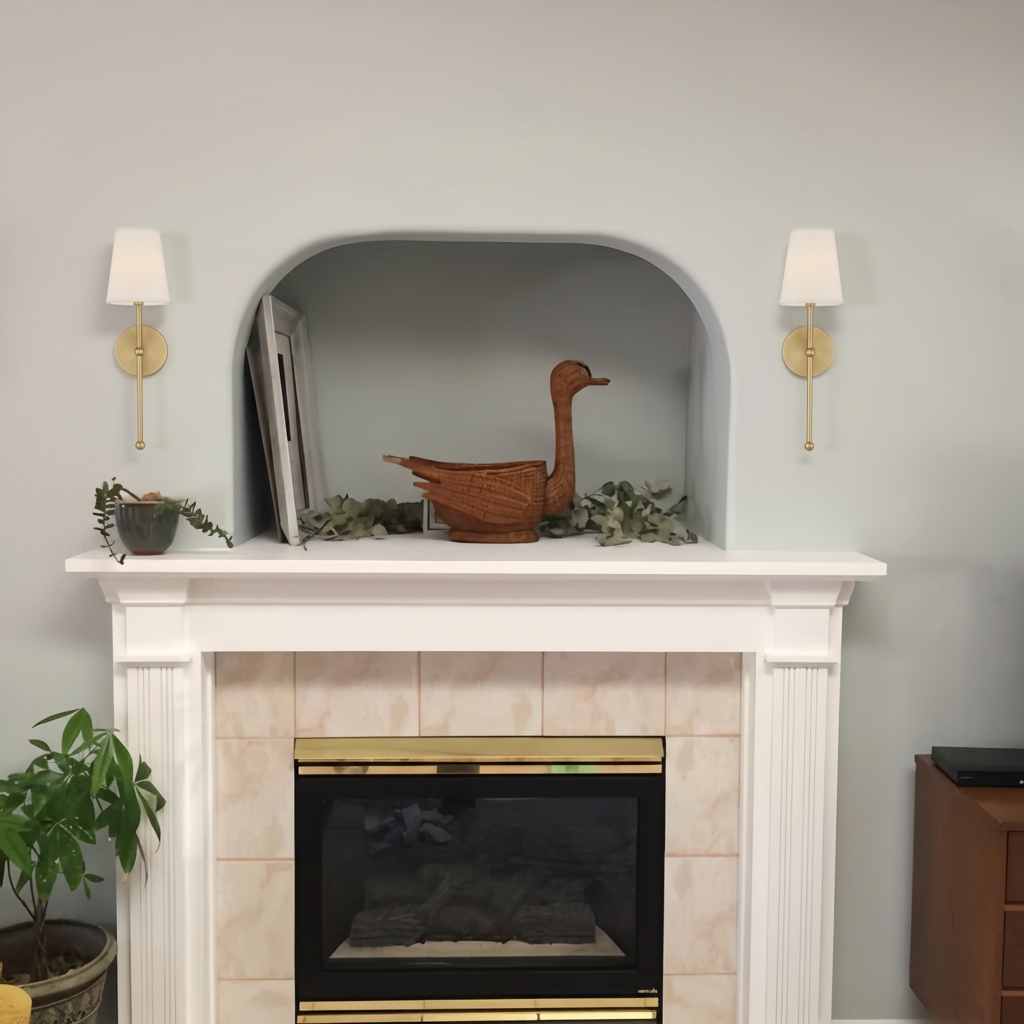 Customer mantel scene with gold wall lamps