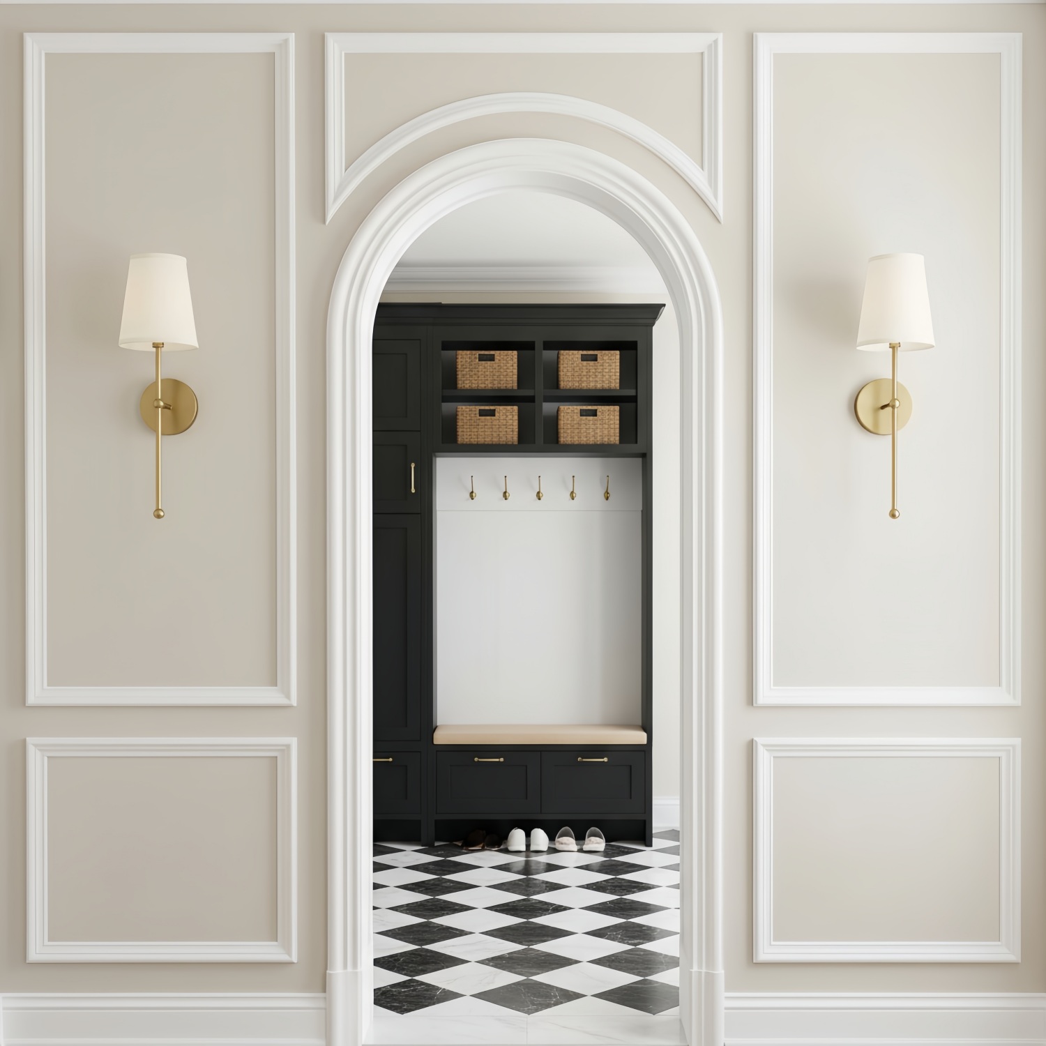Gold wall lamps in an entryway
