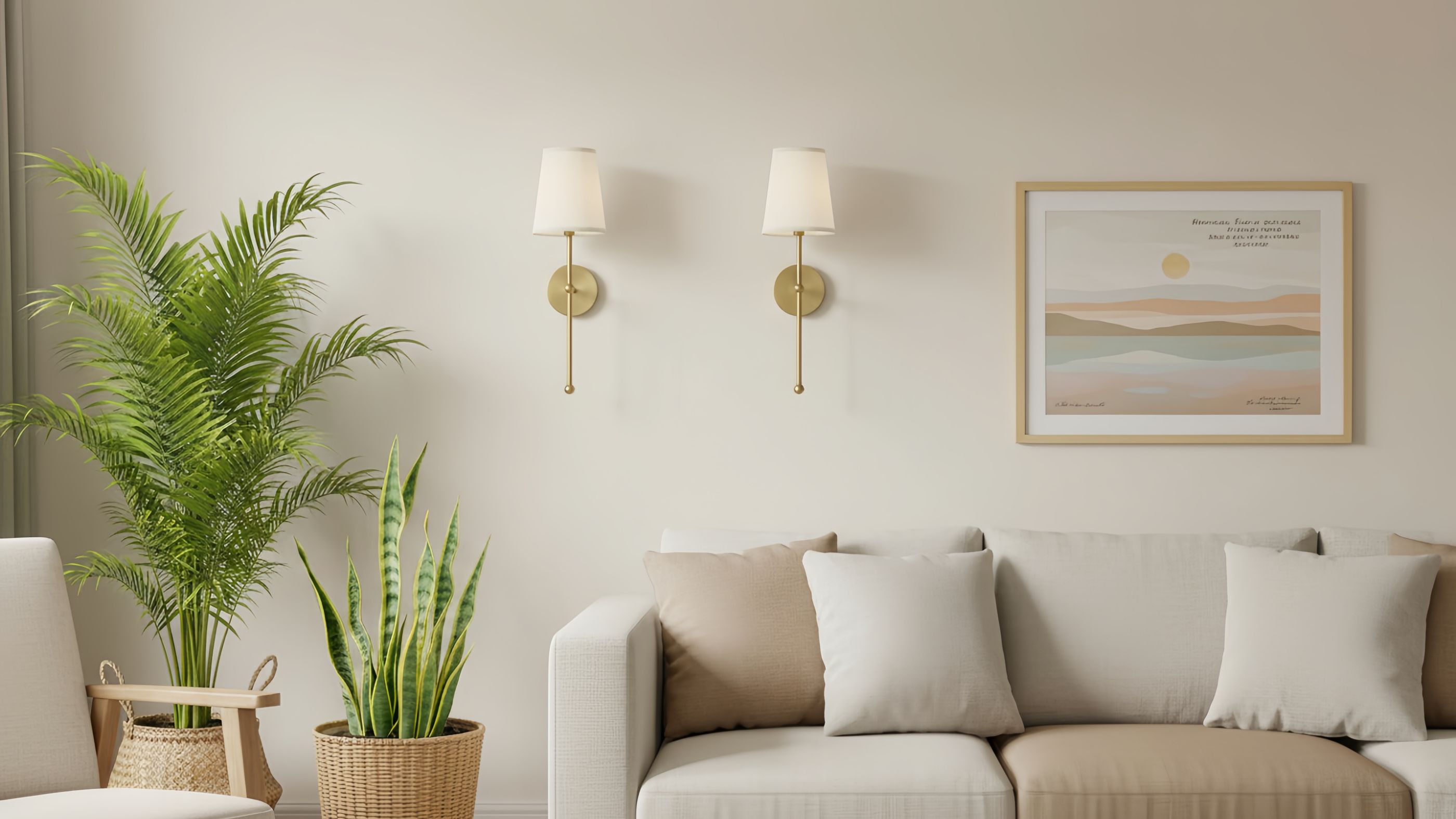 Meshara gold wall lamps styled above a sofa in a living room