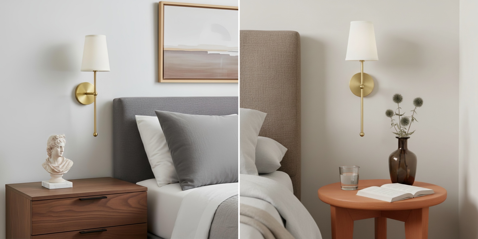 Two room scenes showing the Meshara gold wall lamp