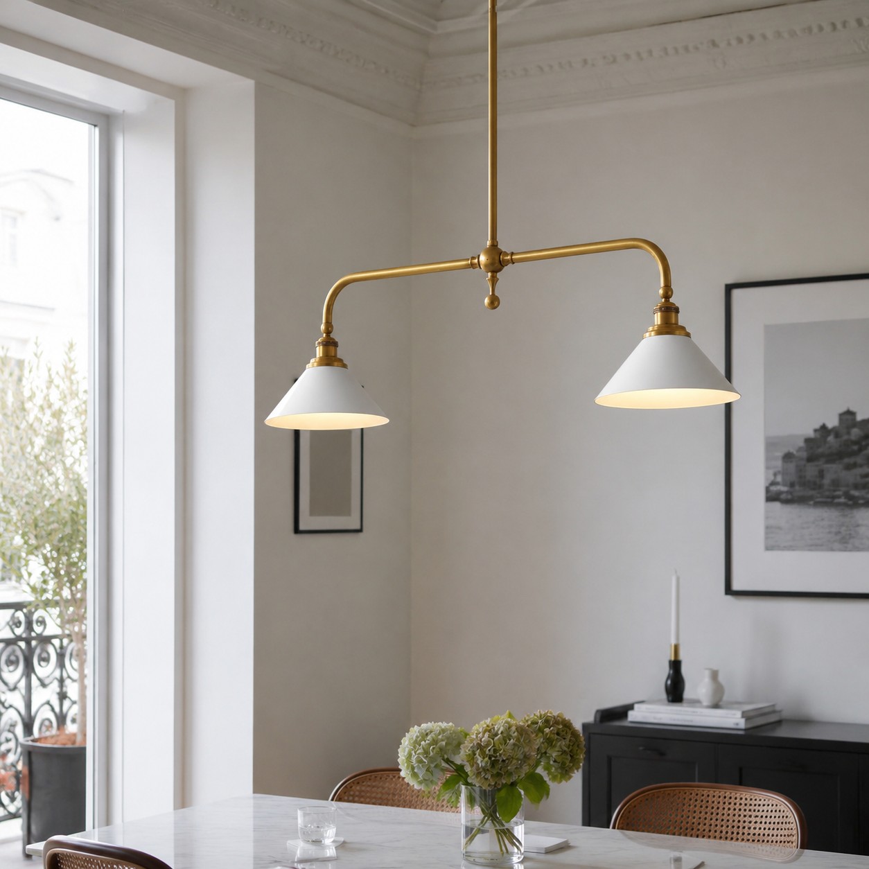 Thetford Pendant Light over a table near a window