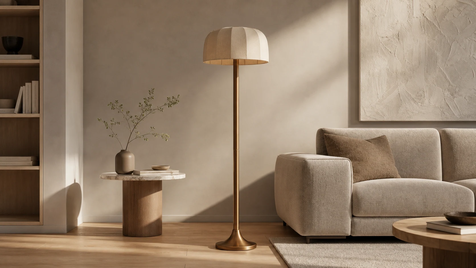 Calmo aged brass linen floor lamp in a warm lounge setting