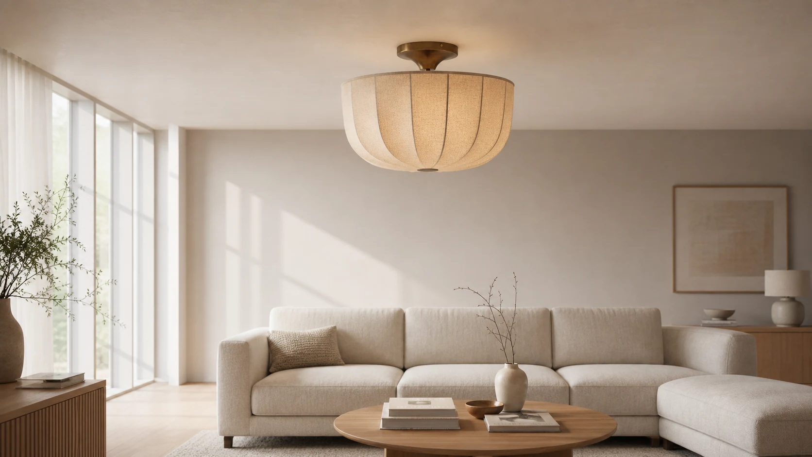 Loomis flush ceiling lamp in a warm living room setting