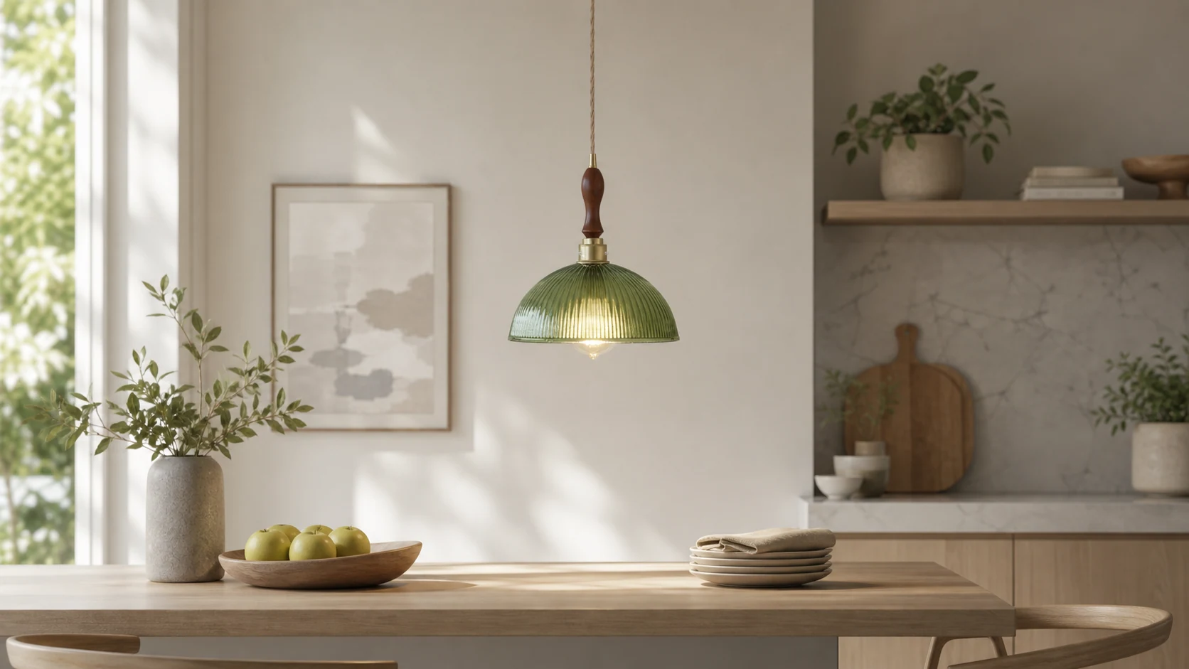 Ribilux ribbed glass pendant light styled above a dining setting