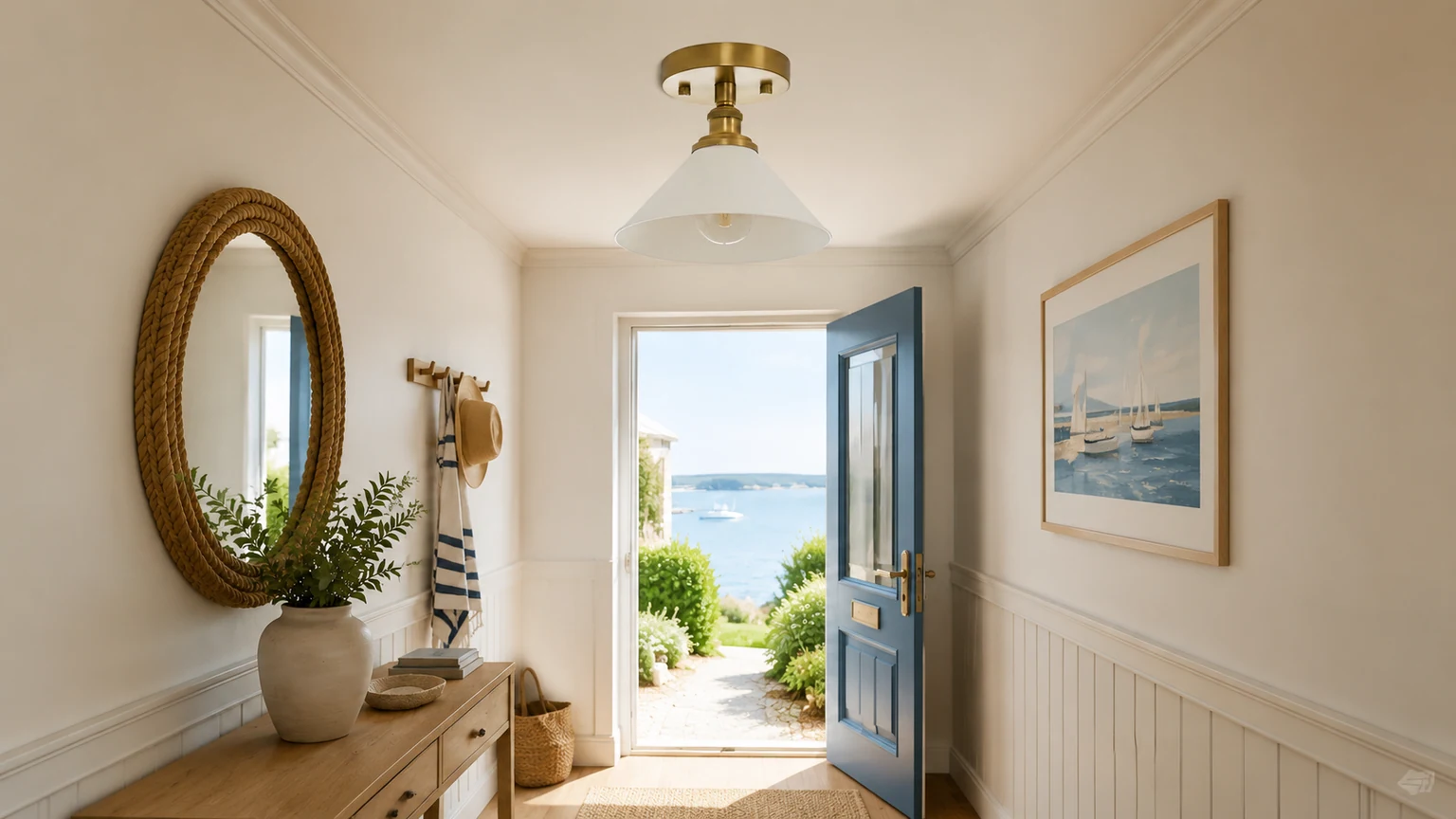 Thetford semi flush ceiling light in a heritage hallway setting